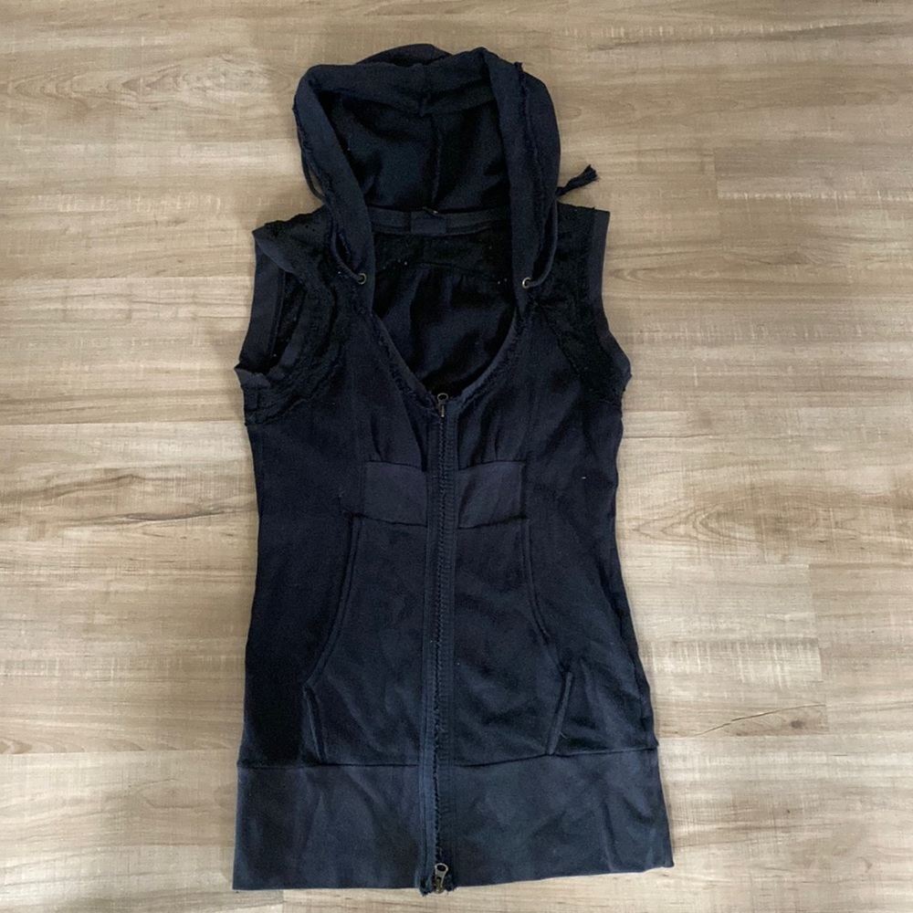 Free people hooded long vest black large boho super unique